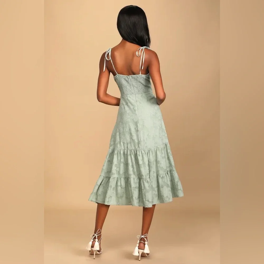 Lulus Sweet Sentiments Sage Green Jacquard Tiered Midi Dress size L - Picture 4 of 9